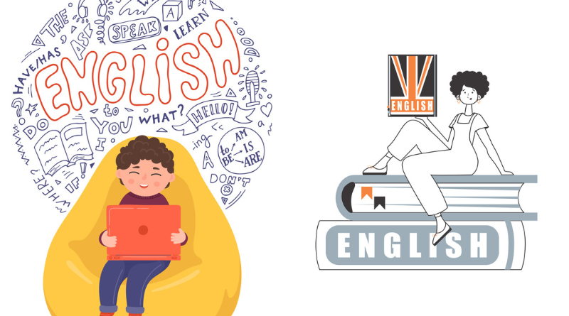imagem em desenho: à direita, criança sentada lendo um livro em inglês, à direita, desenho de mulher sentada em um livro no qual está escrito english